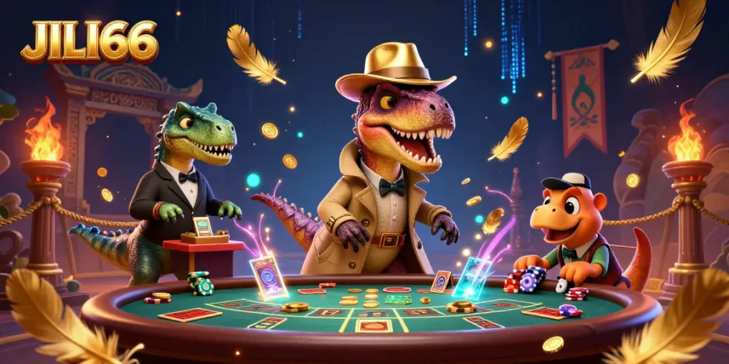 Engage with dynamic action at JILI66 featuring a velociraptor at blackjack and exciting game elements.