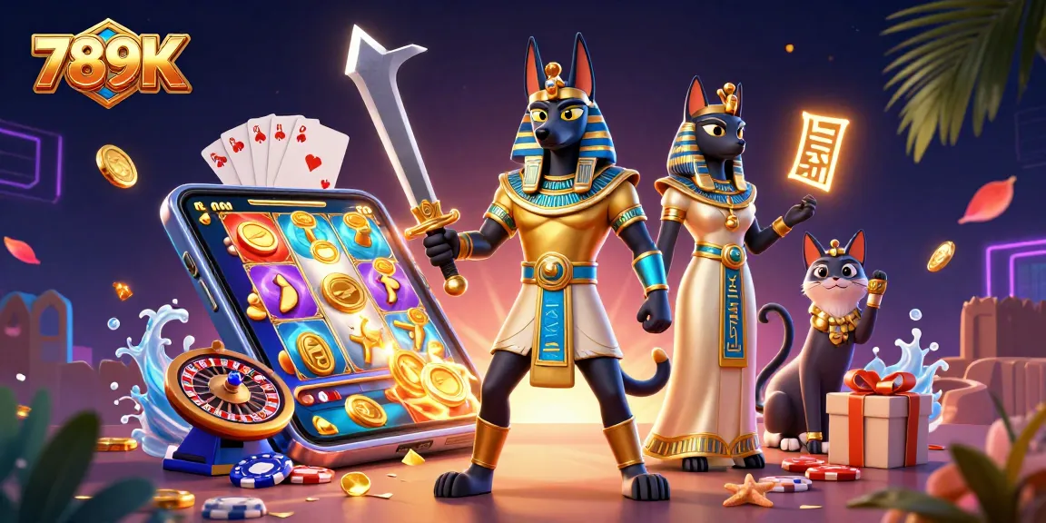 Immerse in the vibrant world of 789K slots with Anubis and Bastet among dazzling casino elements.