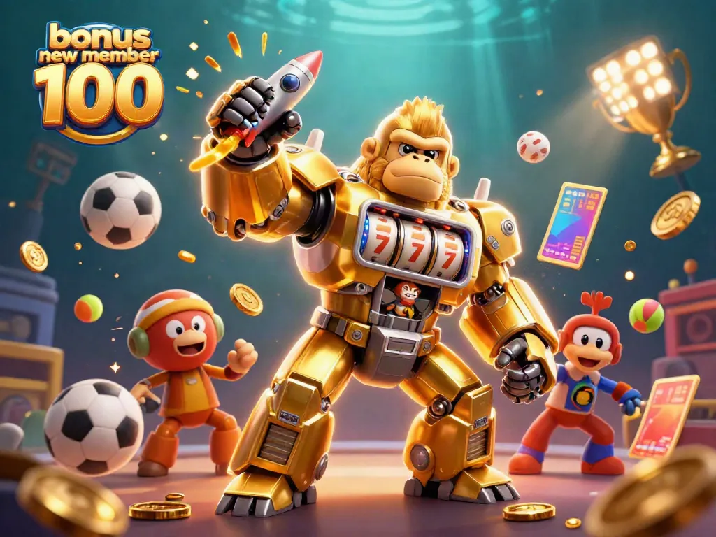 Experience the excitement with bonus new member 100 in this vibrant 3D casino illustration featuring a golden gorilla mech.