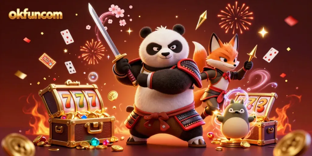 Experience thrilling action at okfuncom with samurai panda and ninja fox amidst slot machines.