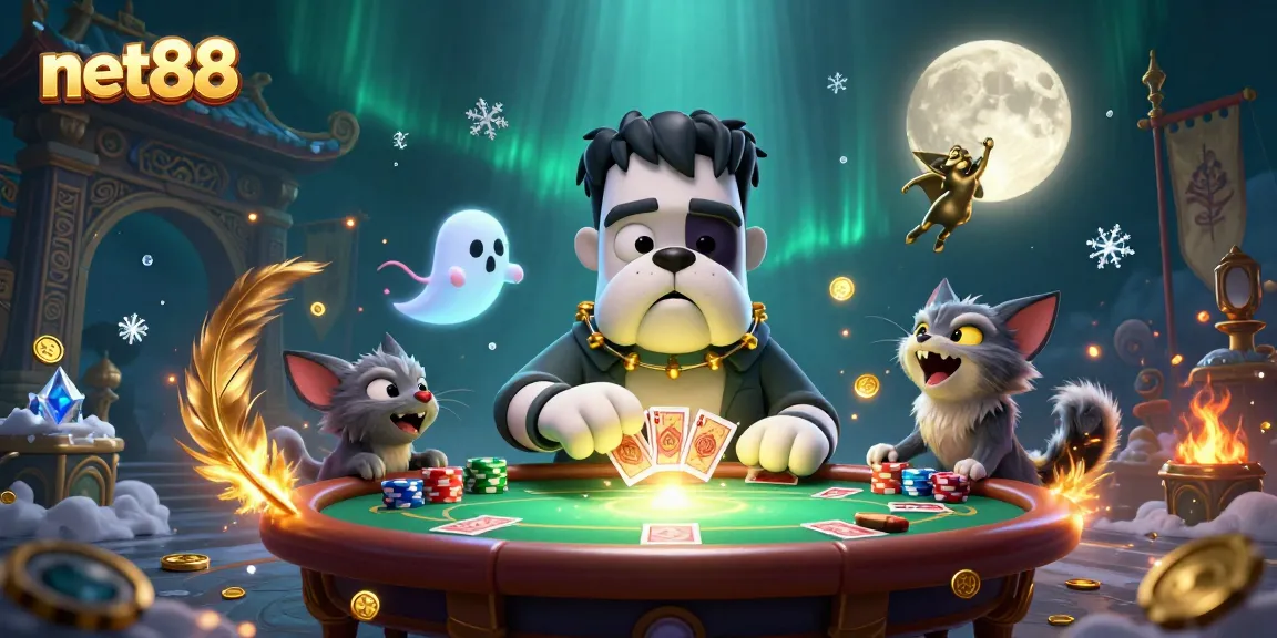 Experience the thrill of poker with net88 featuring a Frankenstein bulldog dealer and ghostly elements.