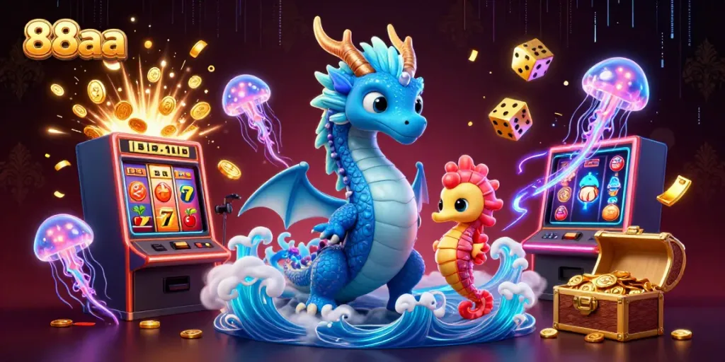 Experience exhilarating wins at 88aa with vibrant casino elements like slot machines and themed characters.