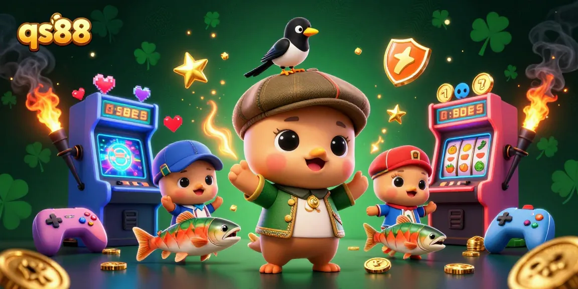Engage in thrilling games at qs88 with a vibrant 3D casino illustration featuring slots and playful characters.