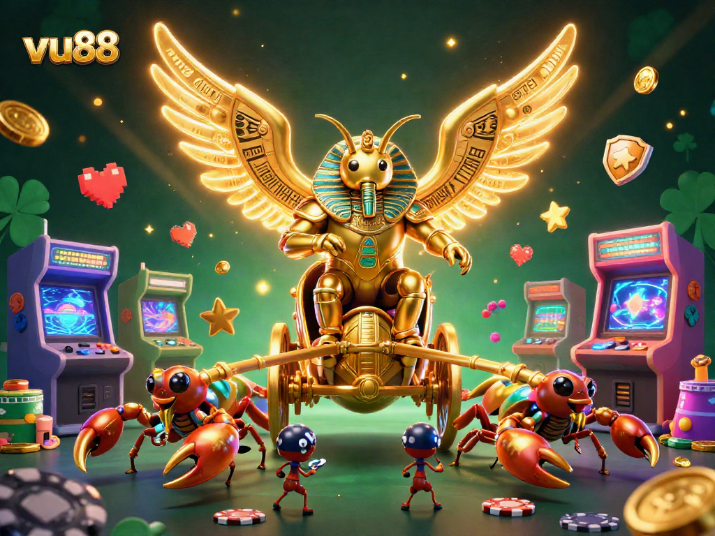 Engage in exhilarating gameplay with vu88 featuring a golden scarab and scorpion chariot