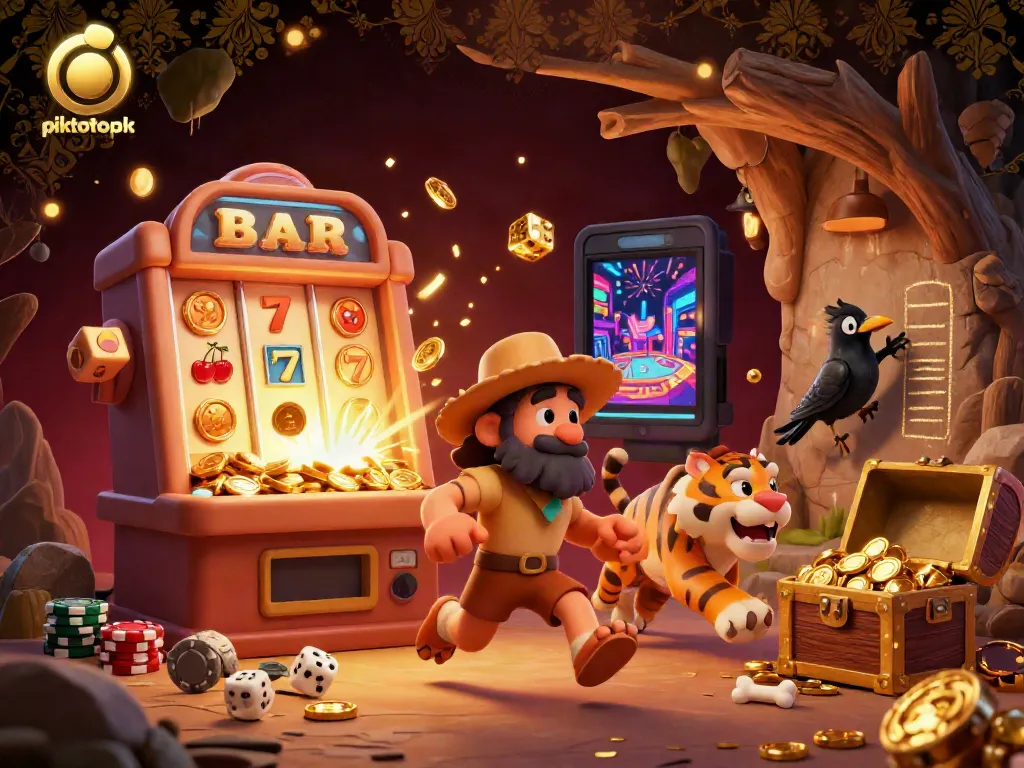 Engage with piktotoapk's vibrant casino scene featuring a caveman, sabertooth tiger, and clever crow.