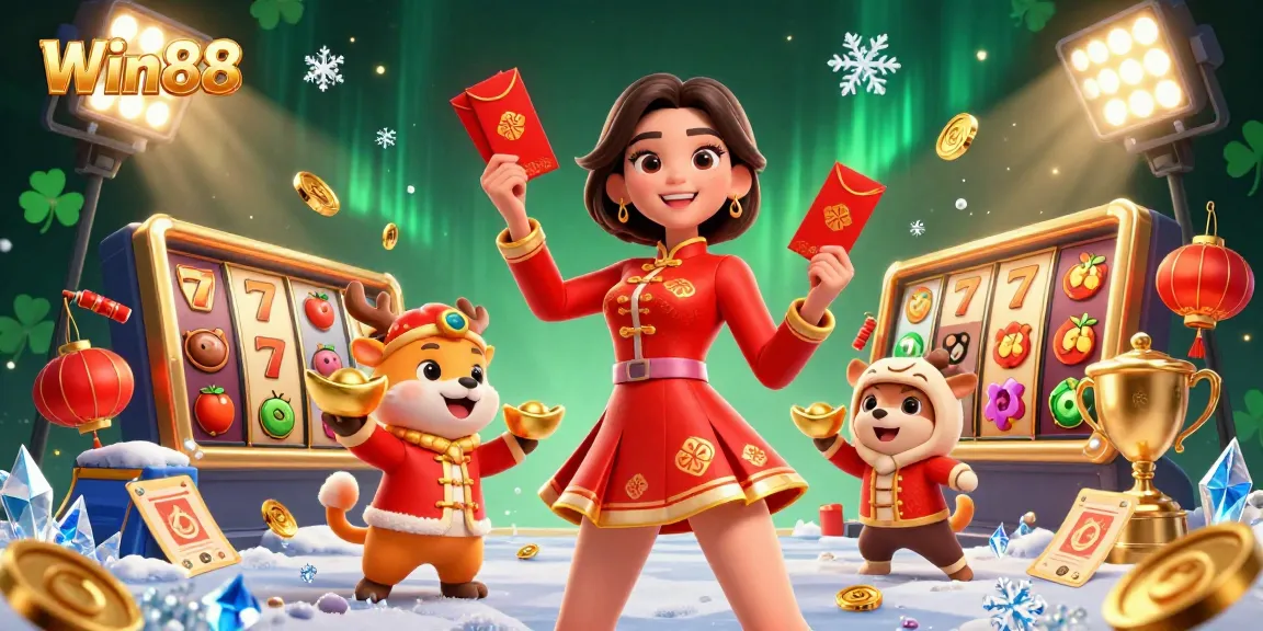 Win88 offers thrilling slots and jackpots with vibrant Asian festive illustrations.