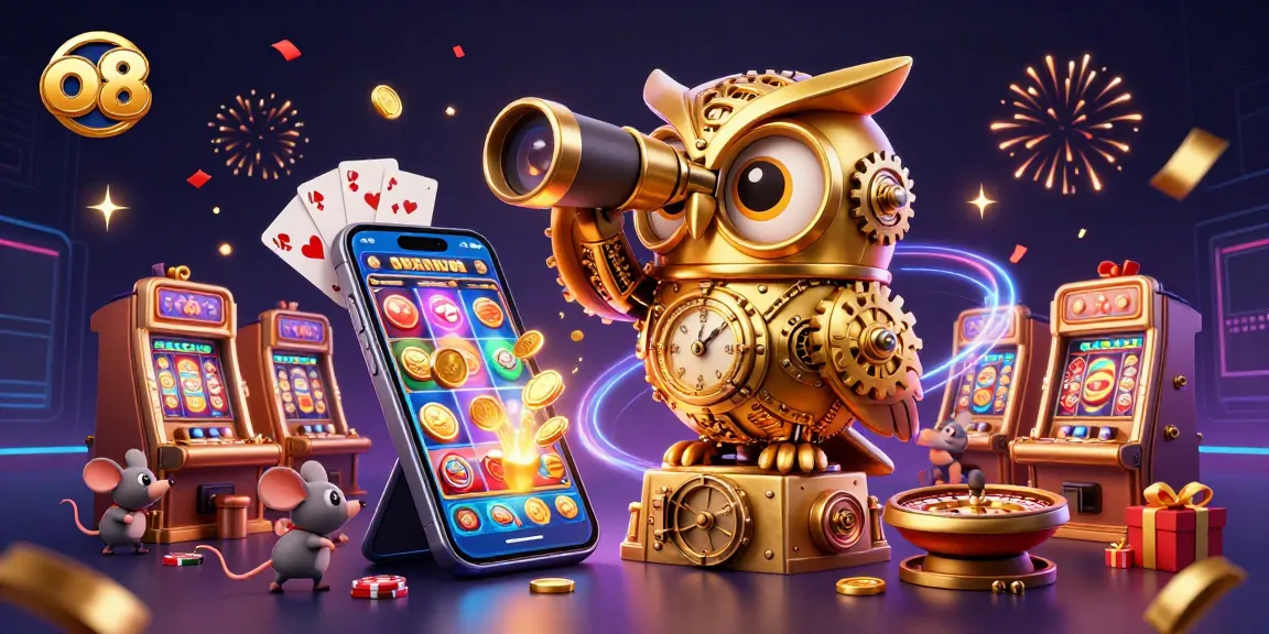 Engage with thrilling games at O8, featuring a golden owl overseeing an exciting casino scene.