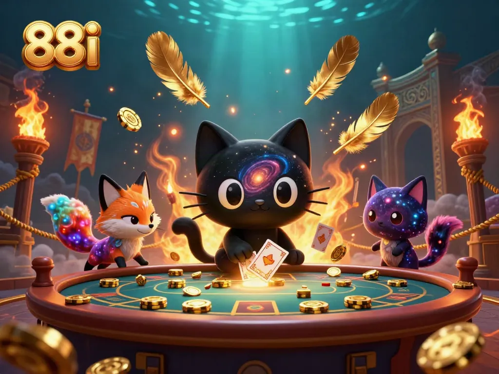 Experience thrilling gameplay at 88i with a cosmic casino scene featuring a black hole cat and a nebula fox.