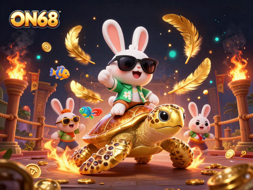 Engage with ON68's vibrant scene featuring lucky rabbit and golden turtle in a thrilling casino setting.