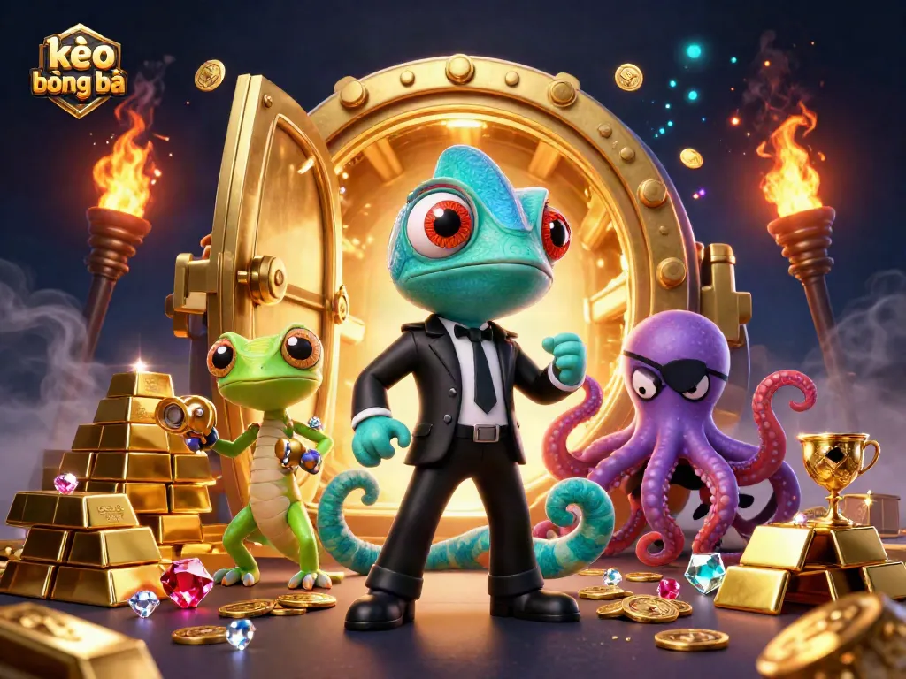Engage with kèo bóng đá through vibrant 3D illustration of animated gambling characters amidst gold treasures.