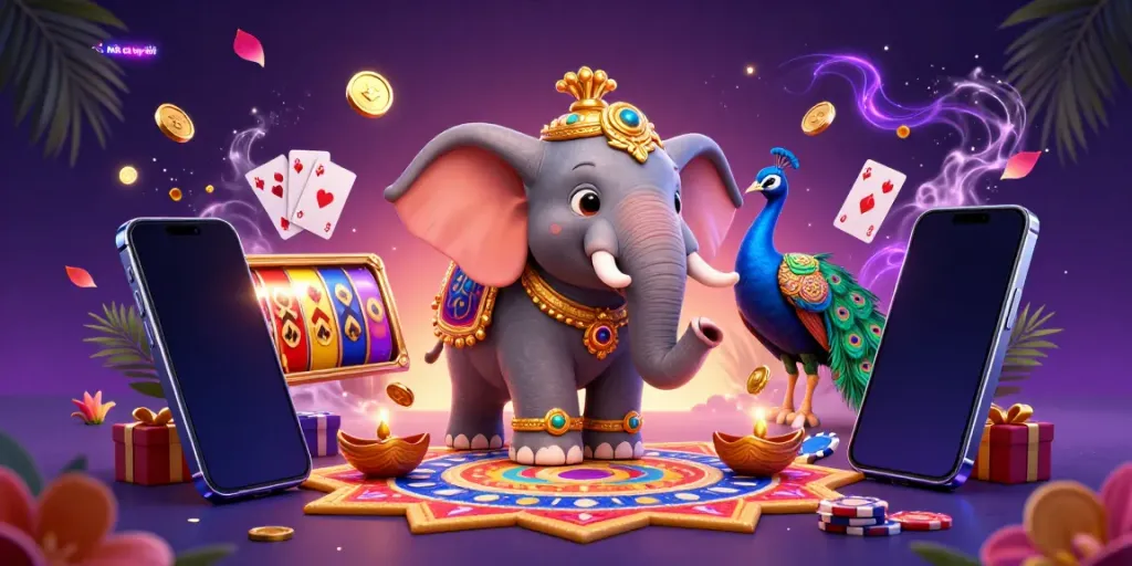 Engage with nhà cái uy tín in this vibrant illustration featuring an ornate elephant, peacock, and rich casino elements.