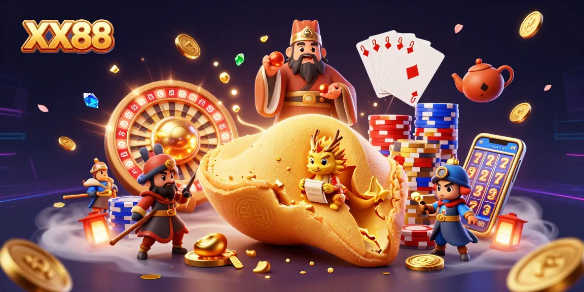 Engage with dynamic gameplay at XX88 featuring a golden fortune cookie and casino elements.