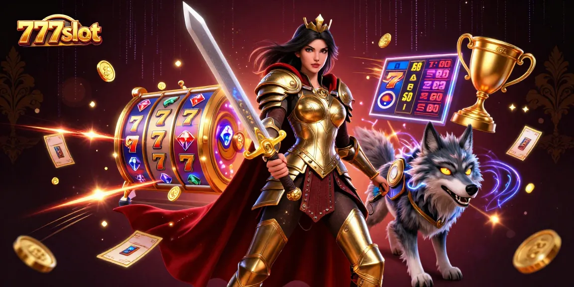 Spin 777slot reels with a warrior queen and her wolf companion in a vibrant casino scene.