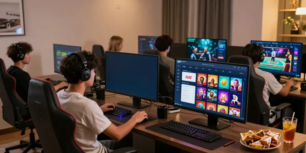 Group of players enjoying fb88 online gaming in a modern home setup with vibrant interfaces.
