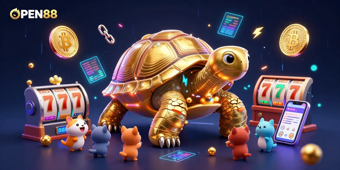 Experience the excitement of OPEN88 with a colossal tortoise pinball machine surrounded by vibrant gambling elements and crypto coins.