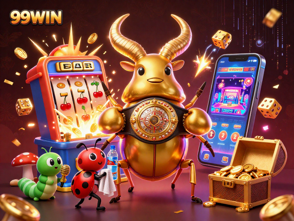 Experience the thrilling world of 99WIN with a vibrant casino-themed 3D illustration featuring a golden stag beetle.
