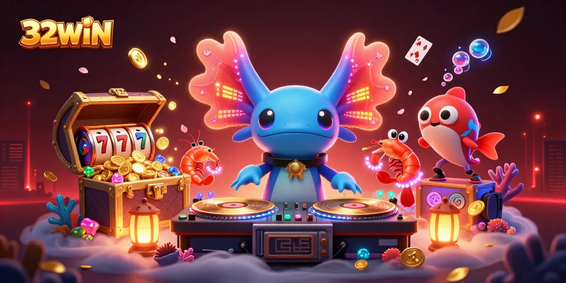 Spin to win at 32WIN with vibrant and dynamic casino-themed underwater scene illustration.