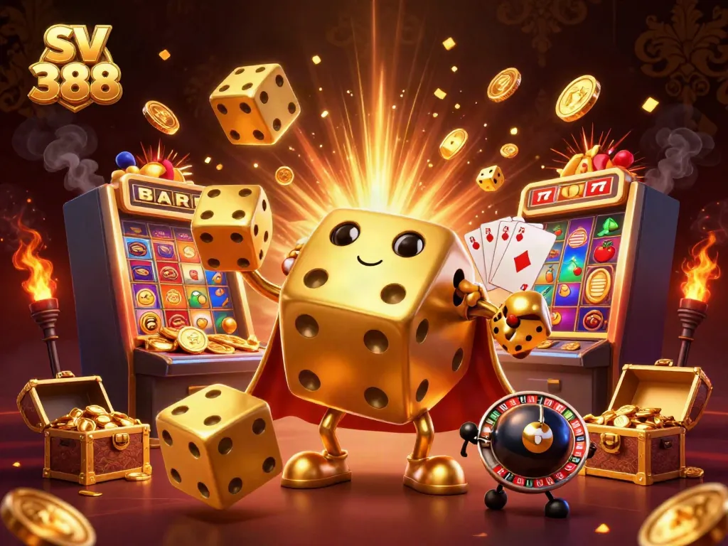 Engaging scene of SV 388 with golden dice golem and vibrant casino elements bursting with activity.