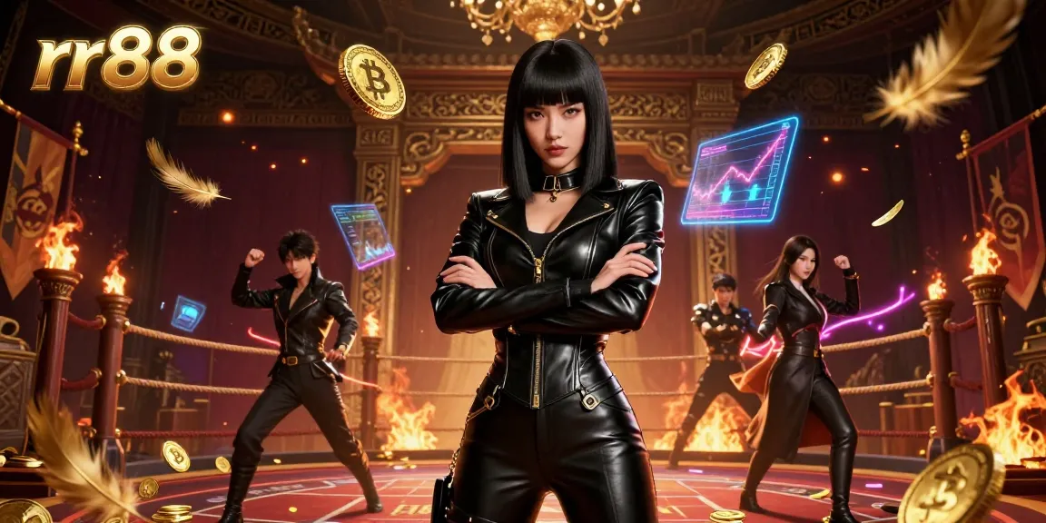 Experience thrilling gaming at rr88 with a powerful Asian woman in a futuristic casino overflowing with Bitcoin and gold coins.