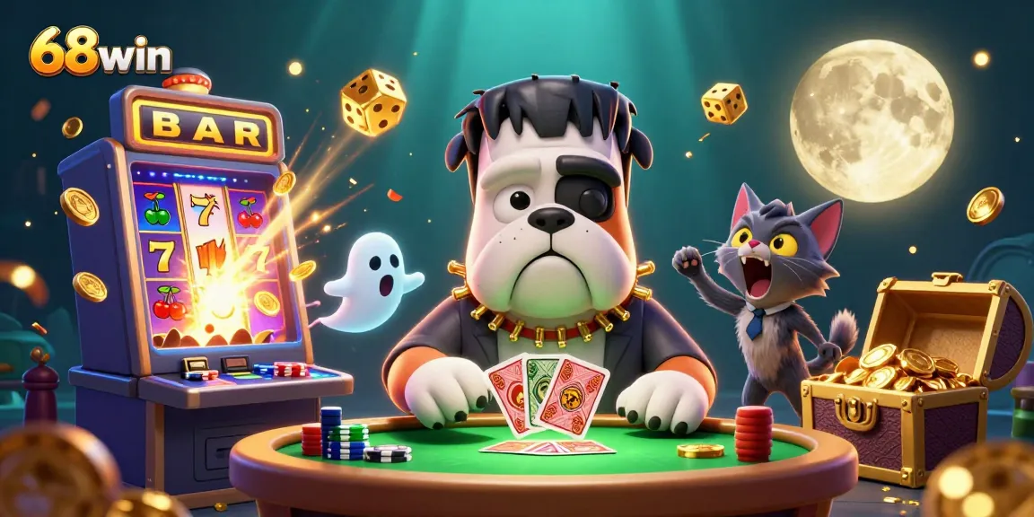 Experience the excitement of 68win, where a Frankenstein bulldog and ghost mouse deal cards at a vibrant casino table.