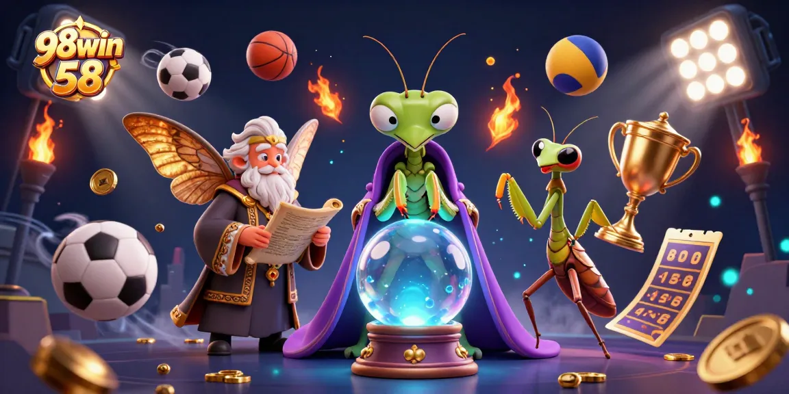 Experience thrilling sports betting with 98win 58, a dynamic scene of cartoon characters and sports elements.