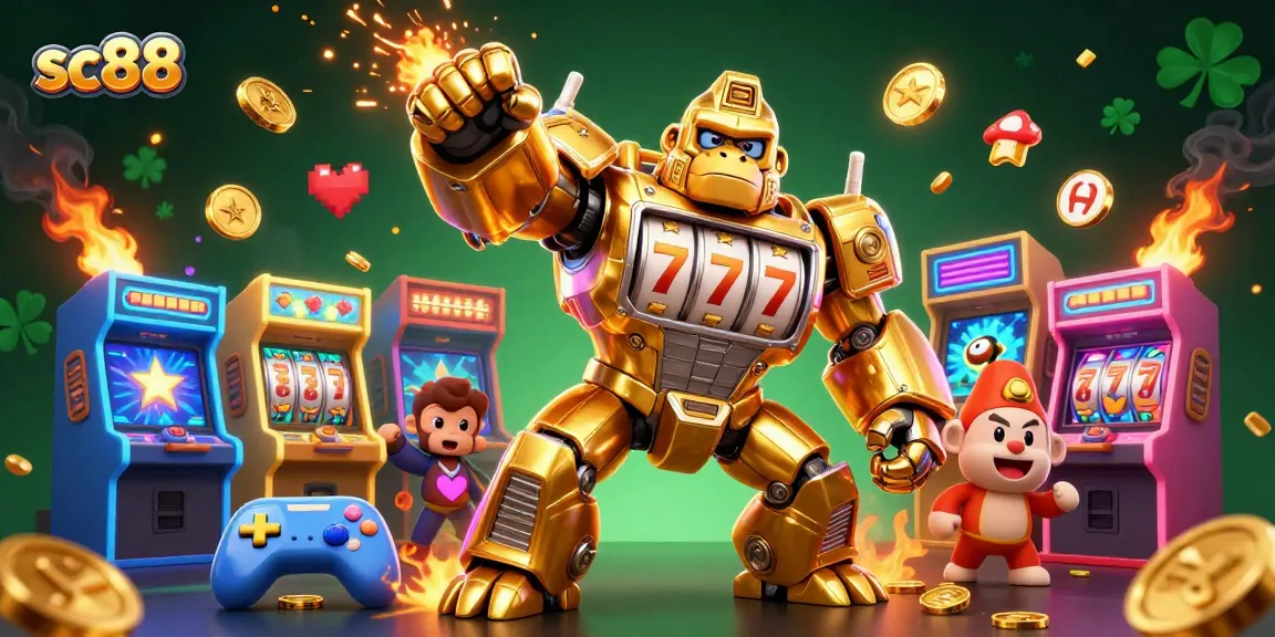 Experience sc88 gaming adventures with an ultra-detailed 3D illustration of a golden gorilla mech and dynamic casino elements.