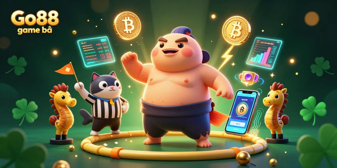 Illustration showcasing Go88 game bài with a giant fugu in a sumo ring alongside a catfish referee and seahorse fans.