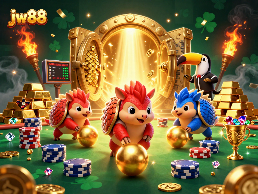 Experience thrilling jw88 gaming action as pangolins compete in a dazzling casino setting full of golden treasures.