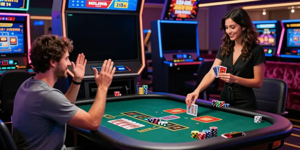 Exciting online gaming environment at https://h19gene.com/ with players interacting at live dealer tables and vibrant lighting.