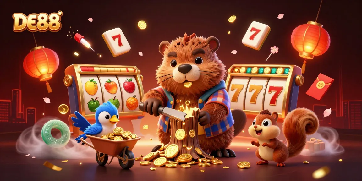 Win big with DE88 in a vibrant 3D casino scene featuring golden coins and slot reels.