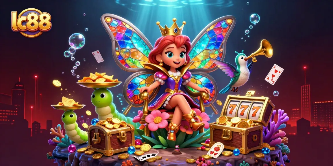 Engage with lc88's vibrant casino adventure featuring a butterfly queen surrounded by slots and treasures.