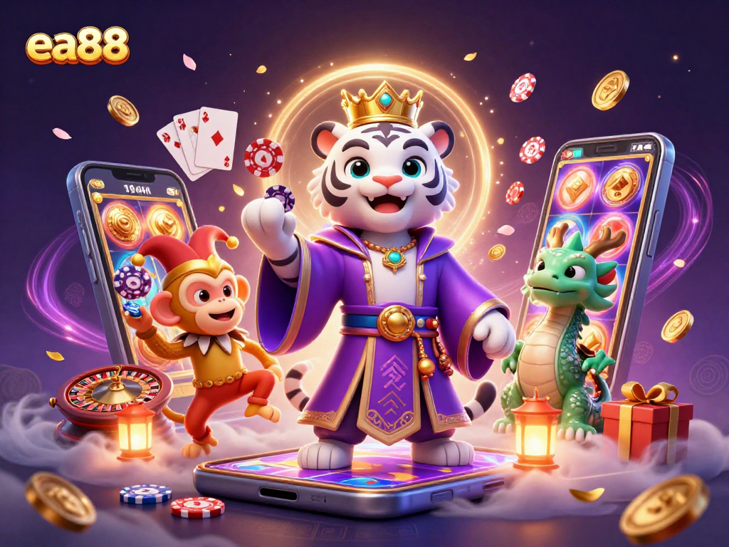 Experience the vibrant action at ea88, featuring a tiger and monkey engaging with casino games.