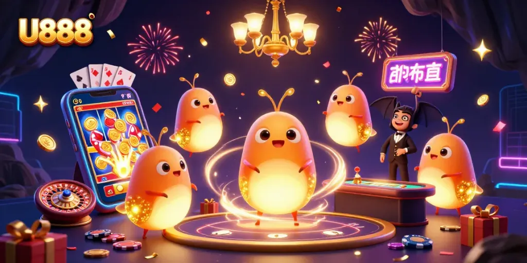 Experience U888 excitement in a vibrant cave casino scene with glowing characters and dynamic gaming elements