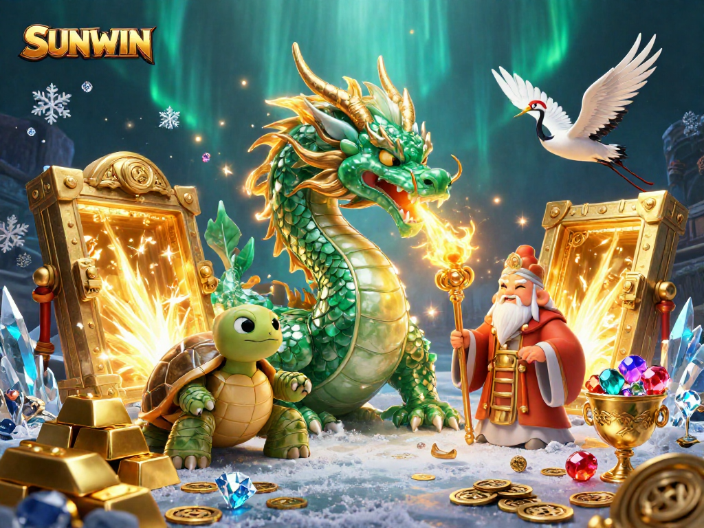 SUNWIN offers thrilling gaming adventure with jade dragon, turtle sage, and lucky cranes amidst dazzling gold treasures.