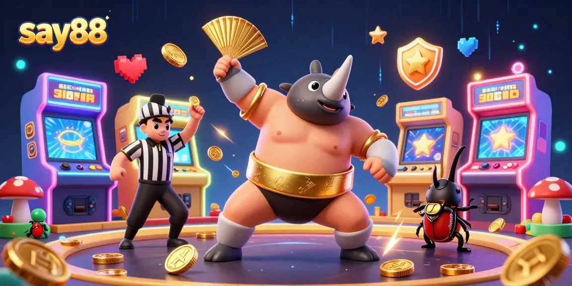 Say88 offers thrilling online gaming experiences featuring a vibrant sumo beetle champion amidst electrifying casino elements.