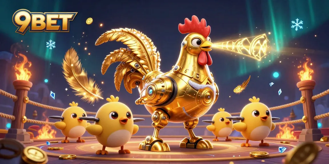 Experience thrilling moments at 9BET with the golden rooster robot leading action-packed adventures in a casino environment.