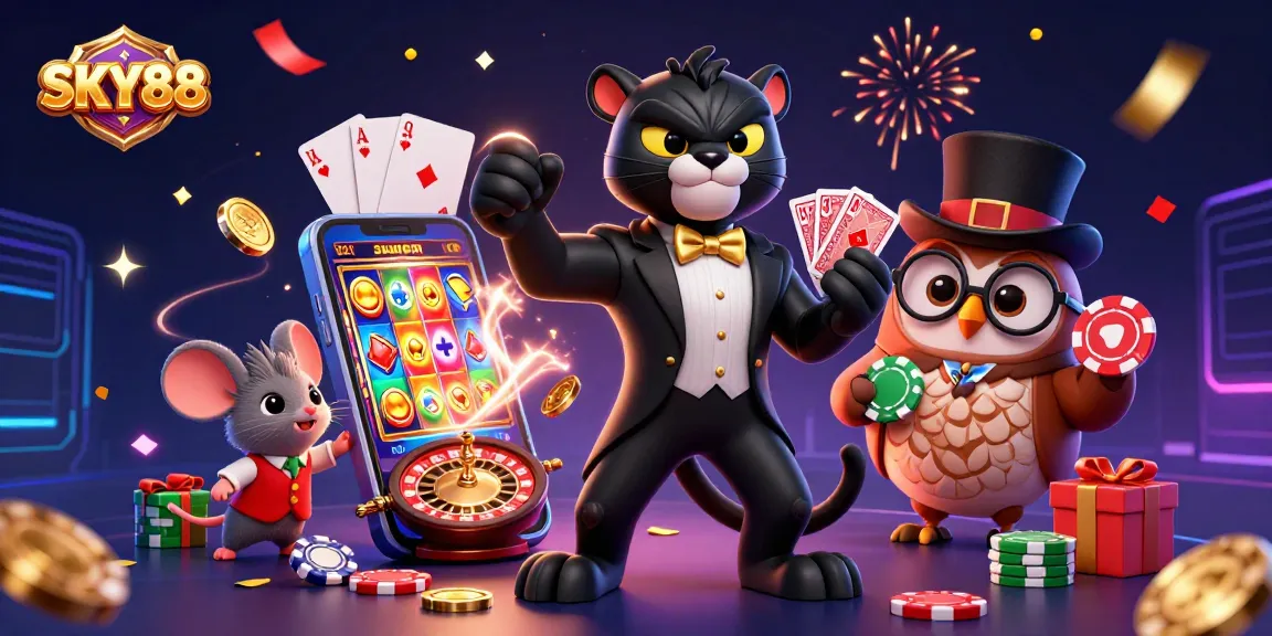 Engage with SKY88 through a vibrant scene of a cartoon black panther dealer surrounded by festive casino elements.