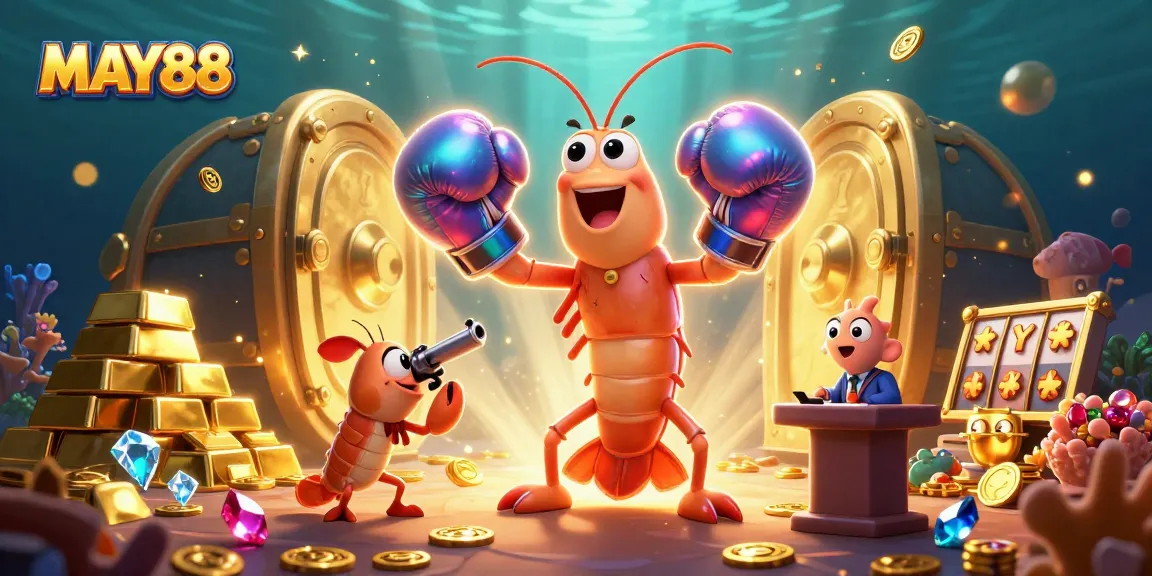Experience thrilling wins at MAY88 with a vibrant 3D casino illustration featuring dynamic game elements.