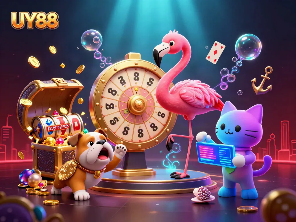 Experience the excitement of UY88 with a dynamic game show scene featuring a flamingo host and prizes.