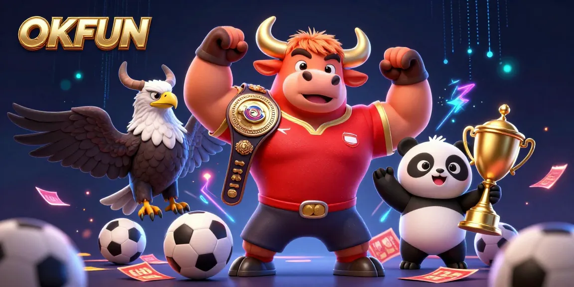 OKFUN sports betting excitement with lively characters celebrating and showcasing thrilling game elements.