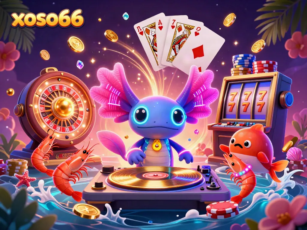 Engage with xoso66's vibrant casino scene featuring a neon axolotl DJ and lively underwater characters.