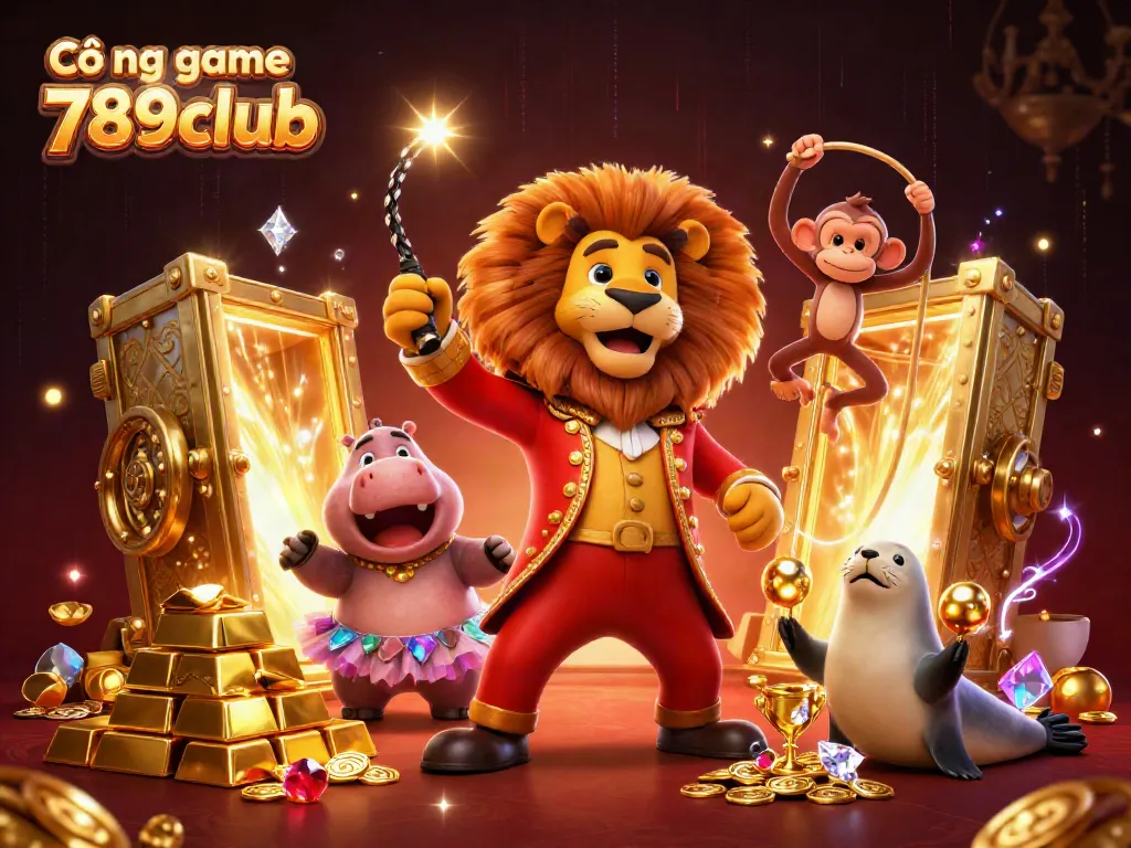 Cổng game 789club showcases a lively scene with a circus lion, hippo, monkey, and seal surrounded by dazzling casino treasures.