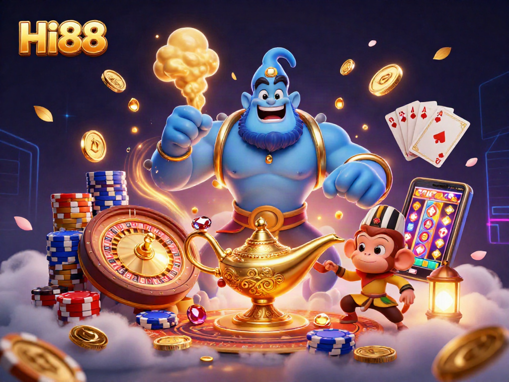 Engage with Hi88 through vibrant casino adventure featuring genies, roulette, and poker chips.