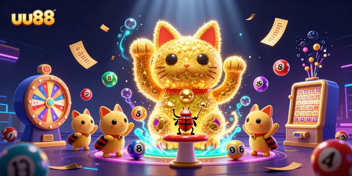 Engage with uu88's dynamic casino experience featuring a giant lucky cat and vibrant game elements.