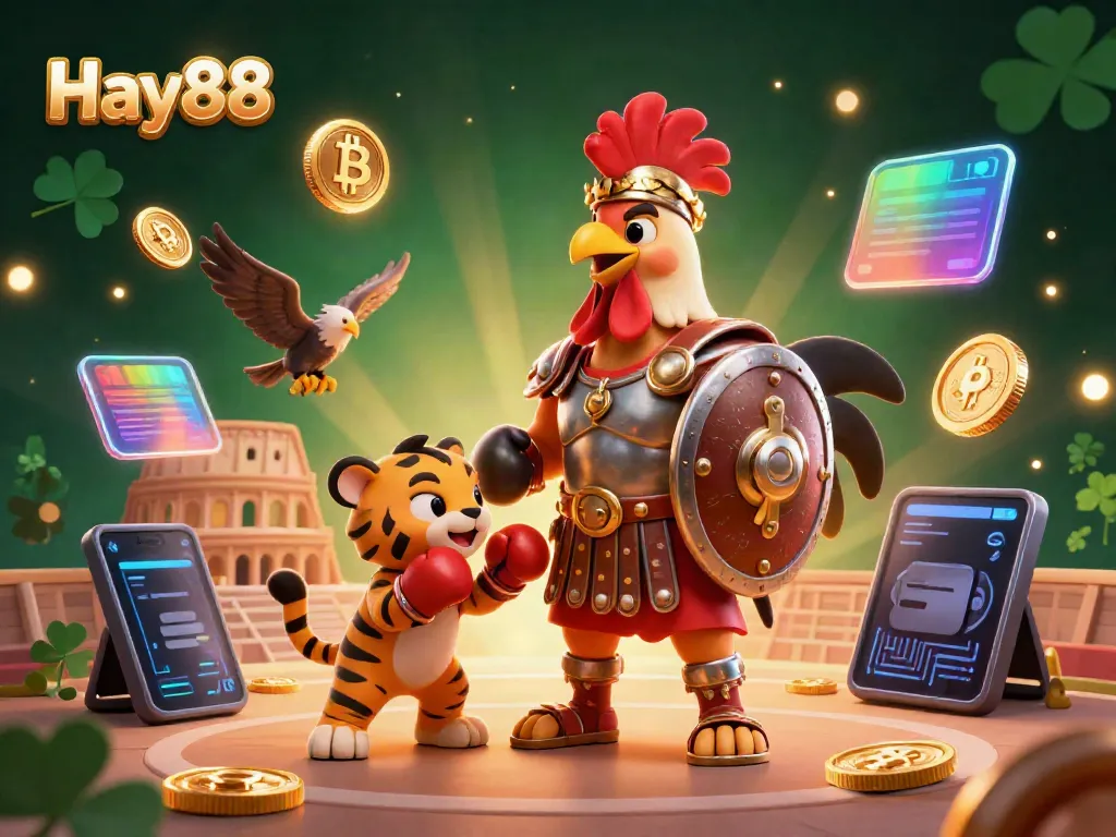 Engage in thrilling action at Hay88's captivating casino with 3D gladiator elements and cryptocurrency icons.