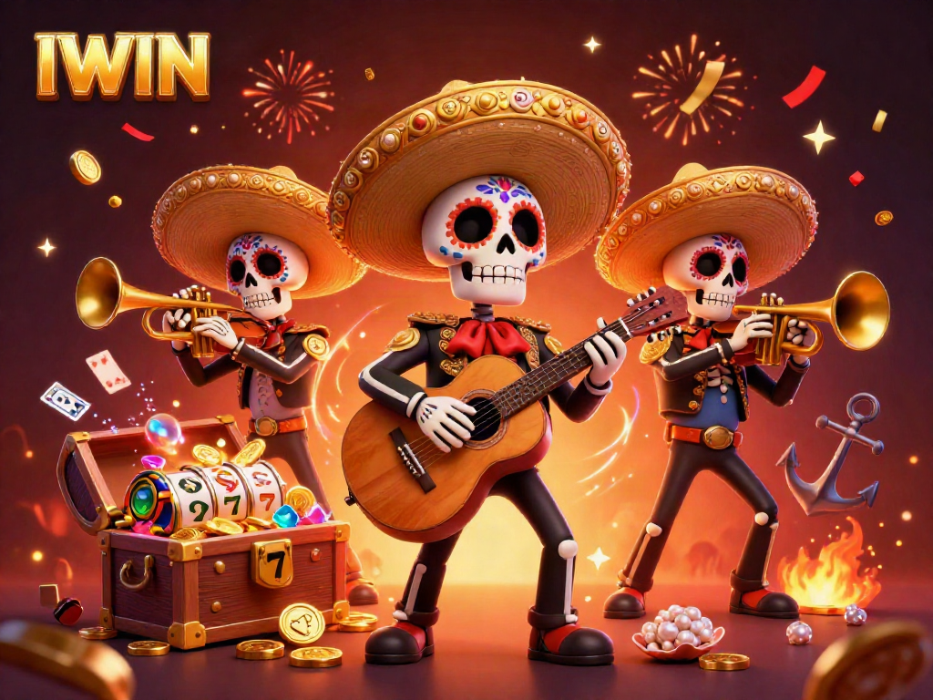 IWIN logo shines as a mariachi band plays amidst casino elements in a vibrant 3D scene.