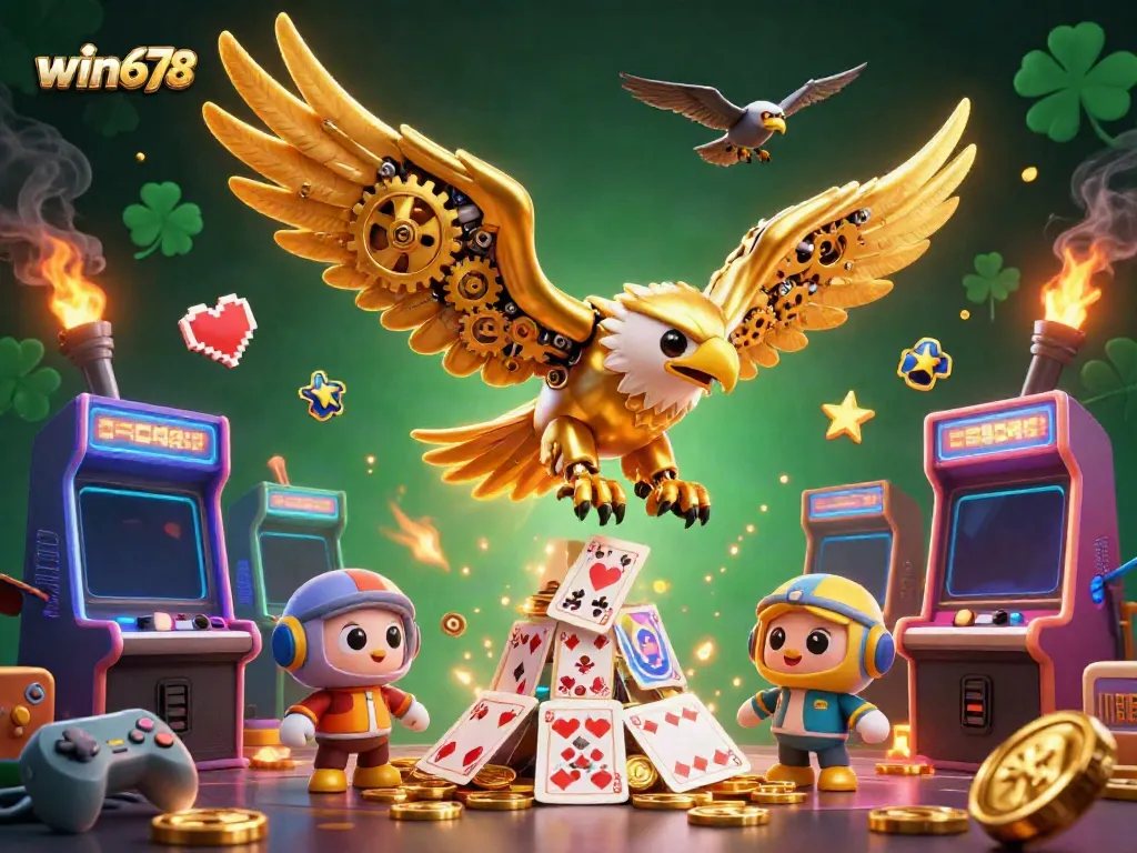 Experience win678 with a cybernetic eagle soaring above colorful casino elements in an immersive illustration.