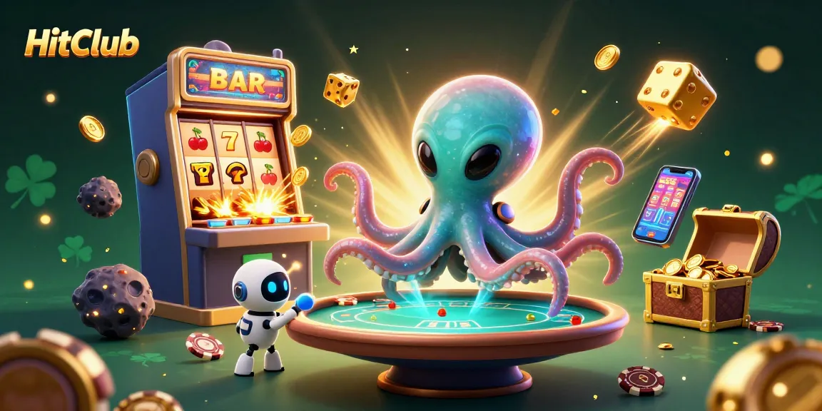 Experience excitement at HitClub with a vibrant cosmic gaming scene featuring animated characters and rich casino elements.