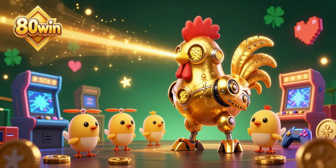 Engage with thrilling 80win gaming action featuring a golden rooster robot and baby chick drones in a lively arcade scene.