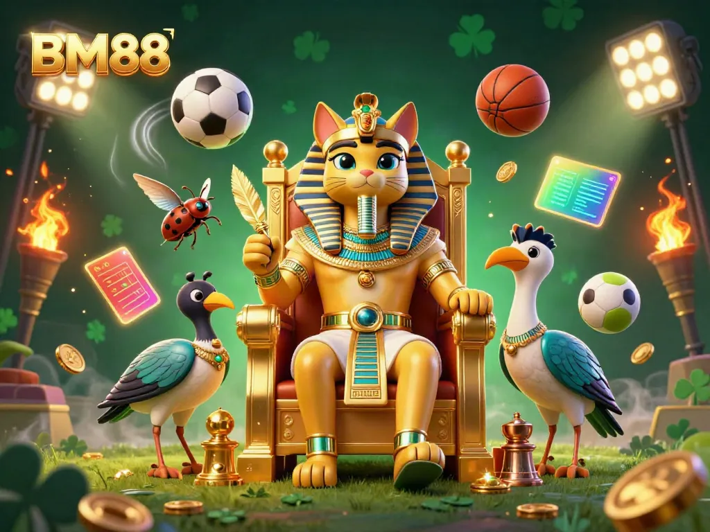 Experience the thrill of BM88 with a vibrant scene featuring a cartoon pharaoh cat and dynamic sports elements.